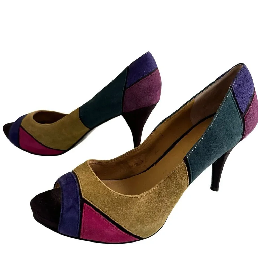 Nine West Kaspiao‎ Open Toe Suede High Heel Dopamine Patchwork Size 8M Y2K - Picture 4 of 16